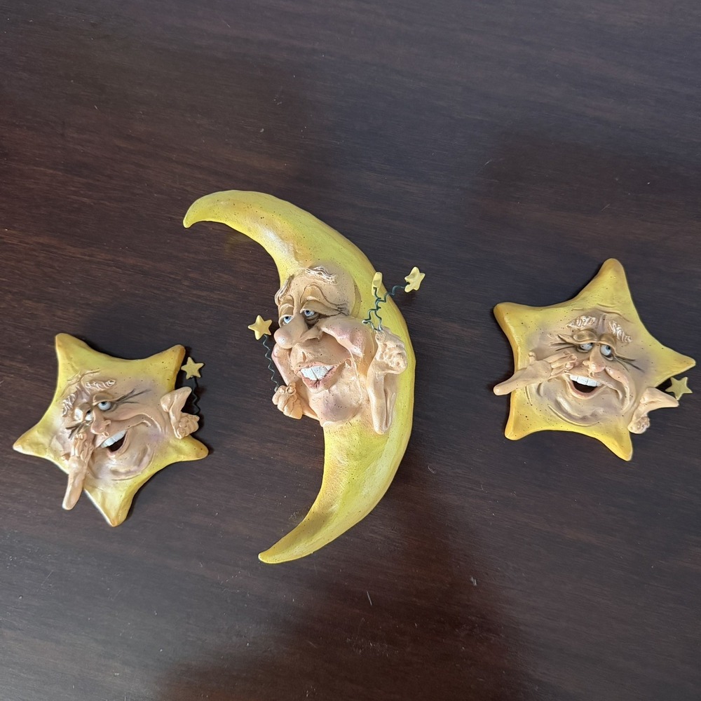 Rare Retro Moon Face + Stars Celestial Funny Resin Wall Art Funny Man Hippie Set